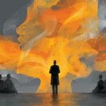 Abstract illustration of a leader standing before a group, with vibrant orange and gray swirling patterns symbolizing vision and inspiration.