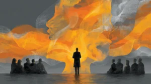 Abstract illustration of a leader standing before a group, with vibrant orange and gray swirling patterns symbolizing vision and inspiration.