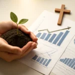 Hands holding soil with a small green plant growing, placed next to business documents and graphs, symbolizing stewardship, growth, and Christian business foundations.