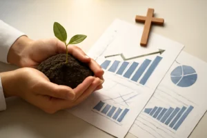 Hands holding soil with a small green plant growing, placed next to business documents and graphs, symbolizing stewardship, growth, and Christian business foundations.